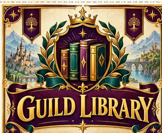 SisterCon Guild Library sign with an ornate illustrated stack of books.